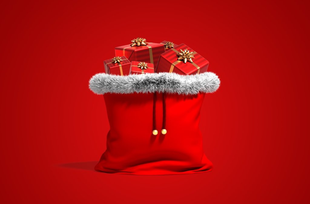 Christmas bag full of red gifts 3D rendering